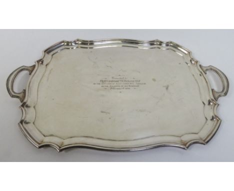 A large Walker and Hall silver plated tray, 66cm wide, engraved details, A R Commodore, T C Dickens (formerly bomber command 