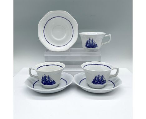 A set of 3 American Clipper Blue, Georgetown Collection light gray and blue teacups and saucers. The cups depicts the 19th ce
