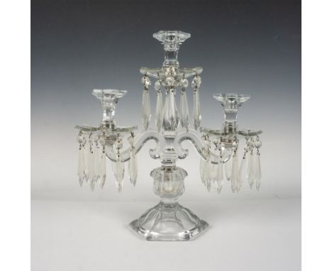 Clear and elegant style candleholder with three extended arms adorned with dangling glass droplets. Dimensions: 13.25"L x 5.5