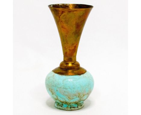 Turquoise vase with lustre finish and branch patterning. Round body. Brass spout. #delft #delftware #brass Issued: 20th c. Di