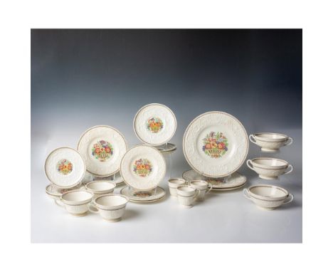 Vintage cream-colored set for 3, depicts multicolored flowers basket on the centers. 3 dinner plates (10.5"W x 1"H), 3 salad 
