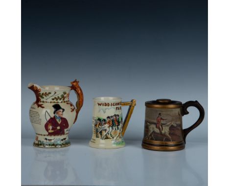 This group of English pottery includes: One musical pitcher of John Peel with relief illustrations and a fox handle; One musi