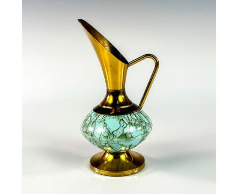 Turquoise toned with lustre finish &amp; branch patterning. Brass accented handle, spout, and base. Hand Painted Delftware Ma