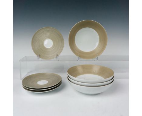 White porcelain with ridge design colored in khaki green. Set includes 4 coupe soup bowls 2.25"H x 7.75" dia. and 4 saucers 1