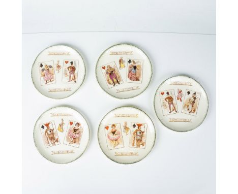 Set of 5 antique 7.75-inch round plates depicting an characters in an artistic style playing cards. Choisy-le-Roi, also known