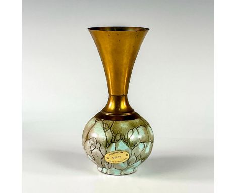 Turquoise toned with lustre finish &amp; branch patterning. Brass accented middle &amp; top. Hand Painted Delftware Made In H