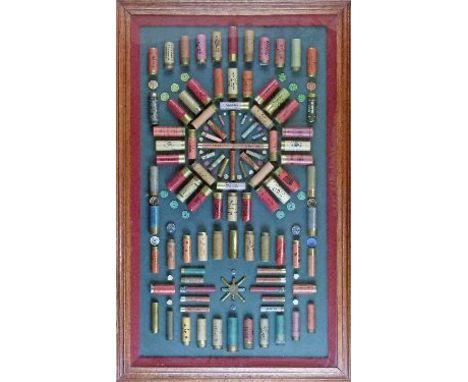 Modern cartridge display board containing vintage sporting ammunition, dimensions of display area 69cm x 38cm  Condition: Dis