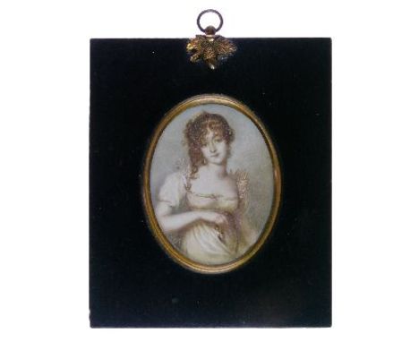 Early 20th Century French School - Oval miniature - Portrait of a seated lady, 8cm x 6.25cm  Condition: Ivory is bowed but no