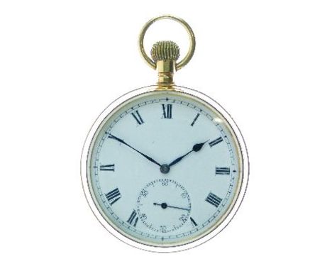 18ct gold open faced pocket watch, London import marks for 1907, the white enamel dial with black Roman numerals, hands and s