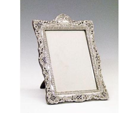 Edward VII silver rectangular bevelled easel mirror having pierced scroll decoration, maker Henry Matthews, Birmingham 1903, 