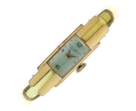 Bolder, Geneve - Spring hinged bangle watch, stamped '750', rectangular dial and case, 14g gross exclusive of movement, 4.9cm