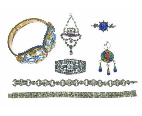 Edwardian paste pendant; a paste set bracelet stamped '800'; a paste set brooch, stamped '935'; a paste set bracelet' a paste