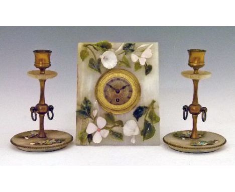 Late 19th/early 20th Century assembled onyx and hardstone garniture de cheminee, the rectangular easel clock having applied f