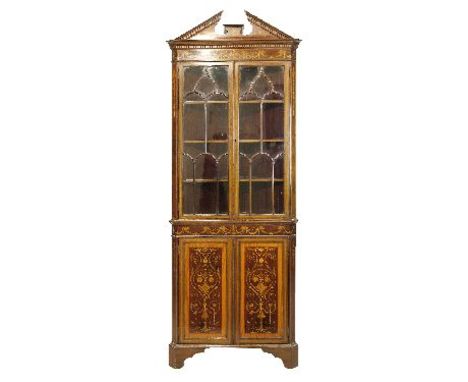 Manner of Edwards & Roberts - Late 19th/early 20th Century Sheraton Revival inlaid mahogany two section standing corner cabin