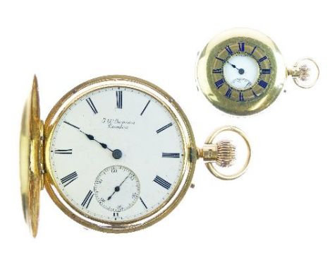 J.W. Benson - 18ct gold half hunter pocket watch, the signed white enamel dial with black hands, Roman numerals and sunken su