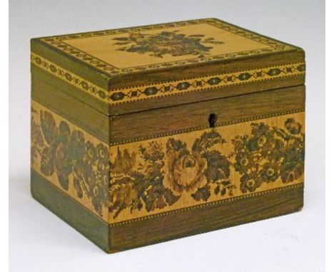19th Century Tunbridge Ware rosewood rectangular tea caddy decorated with a band of foliate decoration, the hinged lid decora
