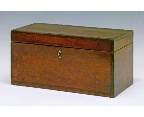 Regency mahogany tea caddy, the hinged cover having an oval inlaid panel, opening to reveal two boxes, each having an oval hi