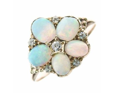 Five stone opal ring, with diamond points to the centre and edge, size Q, 2.9g gross  Condition: There is a small chip to one