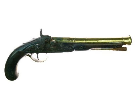 Brass barrelled percussion pistol, converted from flintlock, round three stage barrel belled at the muzzle and engraved Londo