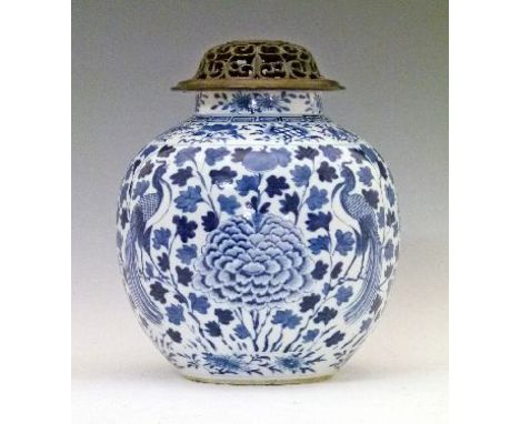 Chinese porcelain ovoid vase having blue and white painted decoration depicting exotic birds amongst foliate sprays, Kangxi f