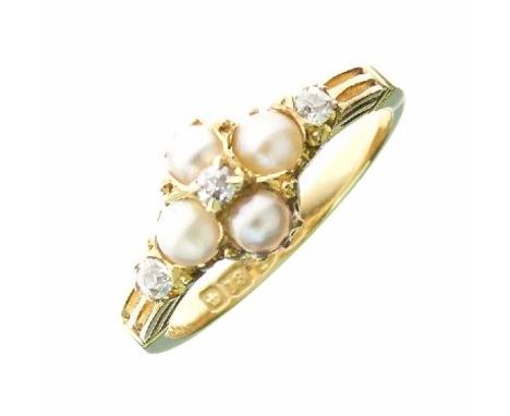 Late Victorian 18ct gold diamond and split pearl ring, Chester 1899, the four split pearls (untested and unwarranted) with an