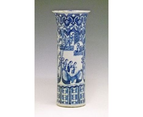 Chinese cylindrical vase having blue and white painted decoration in the Kangxi manner depicting figures on a terrace and in 