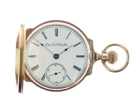 Elgin Natt Watch Co - Hunter pocket watch, the signed white enamel dial with black Roman numerals, hands and subsidiary sunke