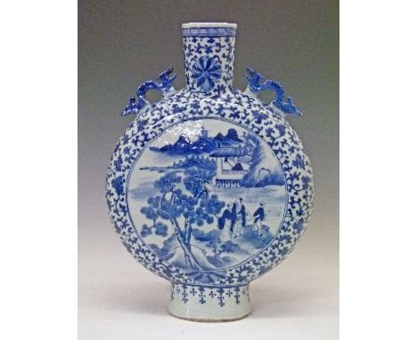 Large Chinese export porcelain vase in the form of a pilgrim flask, having blue and white painted decoration in the Kangxi ma