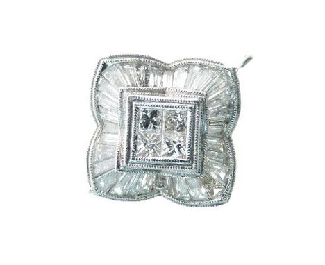 Diamond ballerina 18ct white gold cluster ring, the central square of four Princess cut stones enclosed by an undulating squa