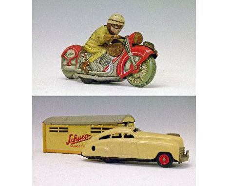 Toys - Schuco - Garage No.1500 with cream clockwork car No.1750 together with a Moto-Drill 1006 motorcycle with rider  Condit