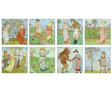 Walter Crane for Minton - Eight Nursery Rhyme tiles, each having polychrome transfer printed and painted decoration and compr