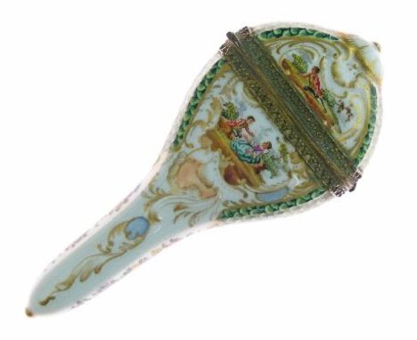 19th Century Dresden style scissors case of inverted baluster form having painted decoration depicting romantic couples in a 