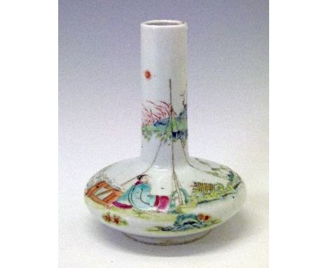 Chinese Famille Rose vase of squat baluster form having polychrome enamelled decoration depicting a figure in a landscape, re