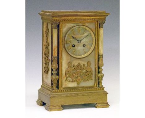 French ormolu and green onyx cased mantel clock, the dial with Roman numerals, applied Neo-classical decoration below flanked