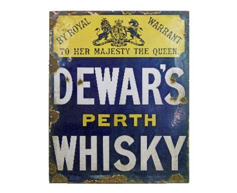 Advertising - Dewar's Perth Whisky - Enamel advertising sign with Royal Warrant and script on a blue and yellow ground, 101cm