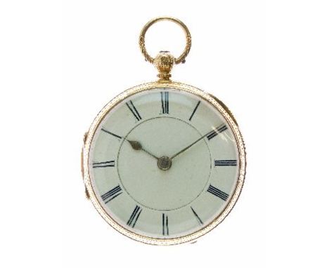 18ct gold open faced pocket watch, London 1883, white enamel dial with black Roman numerals, gilt hands, the three piece hing