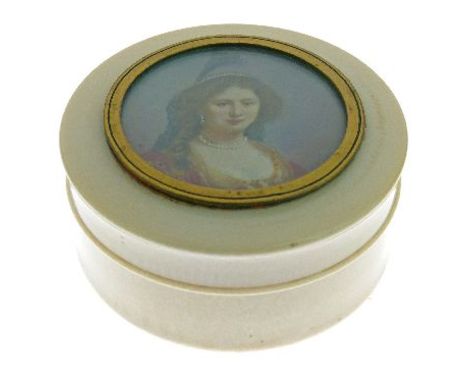 19th Century French ivory circular box and cover, the cover inset with a watercolour miniature portrait of a lady, signed wit