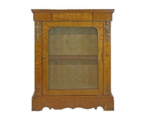 Victorian floral marquetry inlaid walnut side cabinet, the glazed door flanked by cast brass mounts and standing on bracket f