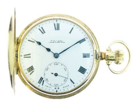 Kemp Brothers, Bristol - 18ct gold hunter pocket watch, Chester 1930, signed white enamel dial with black Roman numerals, han