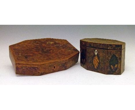 George III yew wood tea caddy of octagonal form, having marquetry inlaid butterfly, floral and shell decoration, 17.5cm wide 