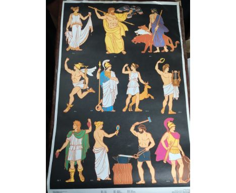 A Soviet-era educational poster featuring the major gods of Greek mythology, including Zeus, Hades, Hera, Athena, Dionysus, A