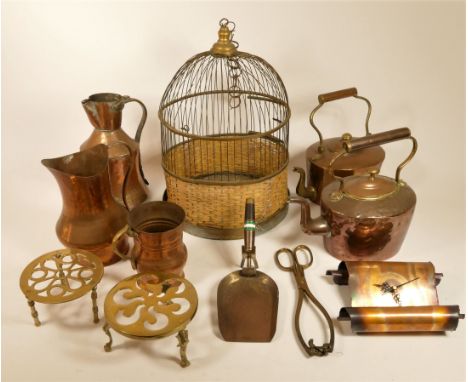 A collection of copper and brass ware, ceramics and kitchenalia, to include a Tiffany style hanging light shade, copper kettl