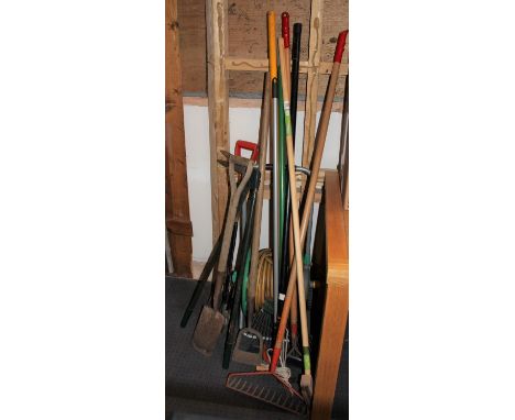 A collection of hand and garden tools, including a hose on reel, a bio-green phoenix heater along with others, untested sold 