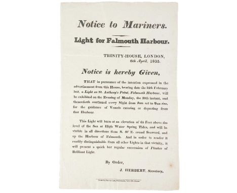 'Notice to Mariners. Light for Falmouth Harbour', Trinity-House, London, 6th April, 1835: Notice is Hereby Given that...a Lig