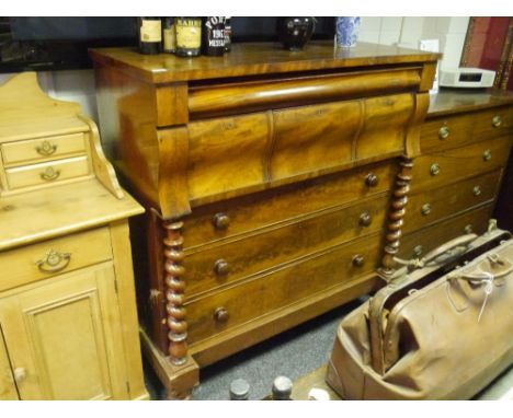 A 19th century mahogany Scotch chest, the rectangular top above a serpentine frieze drawer over three deep serpentine drawers