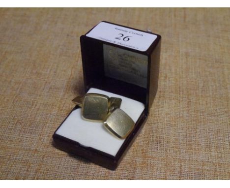 A pair of 14ct gold cufflinks, square and engine turned on a fixed arm 9.5 grams