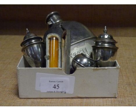 A group of silver, silver-plate etc including: a 9ct gold mounted amber cigarette holder, cased; a pair of silver baluster pe