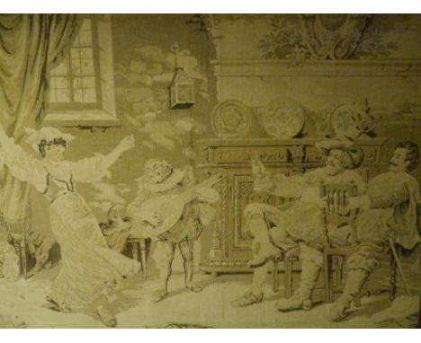 A 1920's "tapestry" panel depicting a tavern scene, in an oak frame. 1.13m by 1.38m