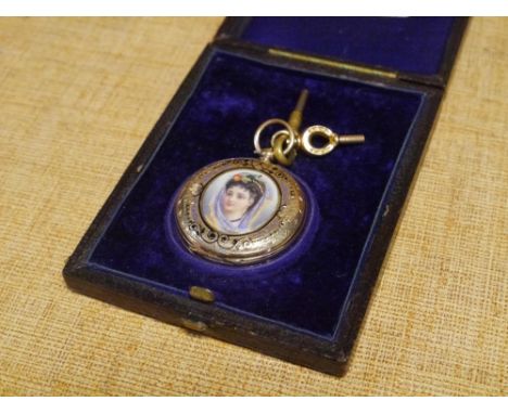 A late Victorian lady's fob watch, the gilt dial and chapter ring with Roman numerals, the case painted to the reverse with a