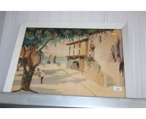 A framed and glazed continental street scene print